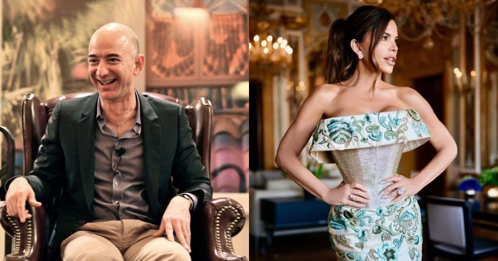 Lauren Sánchez και Jeff Bezos στην προγαμήλια εκδήλωση στη Βενετία, η Lauren με σατέν φόρεμα Schiaparelli και ο Jeff με κλασικό μαύρο κοστούμι.